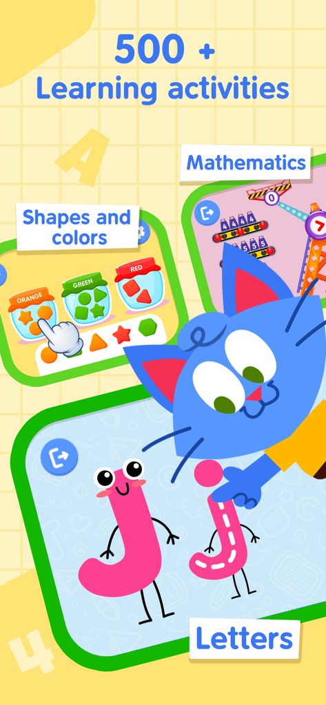 Kidori - Kids Learning Games - 算数、文字、図形の就学前学習ゲームが表示されたKidoriアプリのインターフェース