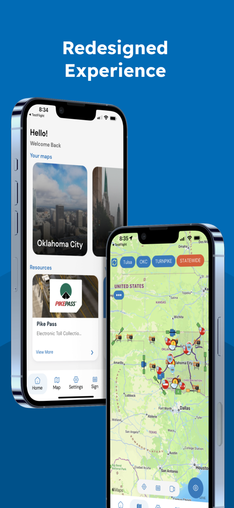 Interface de l'application Drive Oklahoma affichant son écran d'accueil redessiné et une carte de trafic interactive.