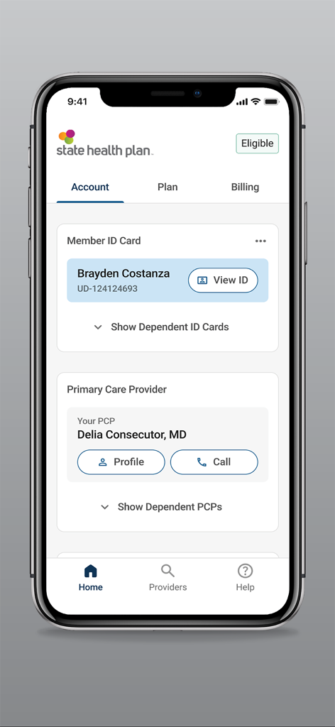 Health Insurance Portal app screen displaying member ID card and primary care provider information.