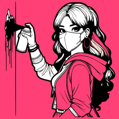 realistic girl with mask spray painting a wall