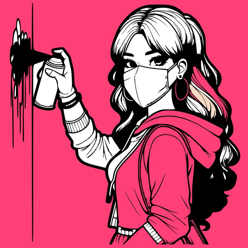 realistic girl with mask spray painting a wall