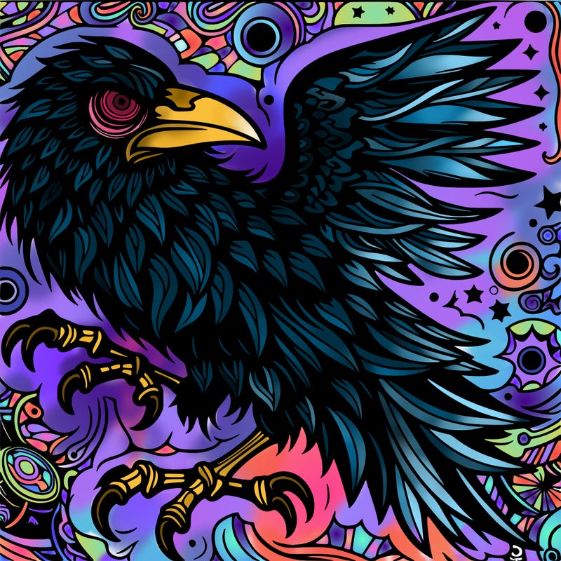 gothic raven with trippy background
