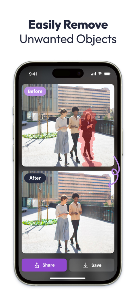 Before and after comparison showing the AI object removal feature in Swipe Cleaner app