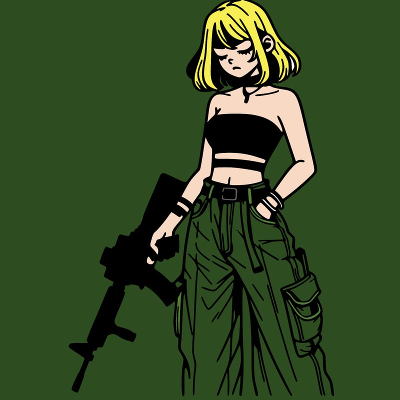 a dangerous girlcrop top and baggy jeans with a rifle in her hand