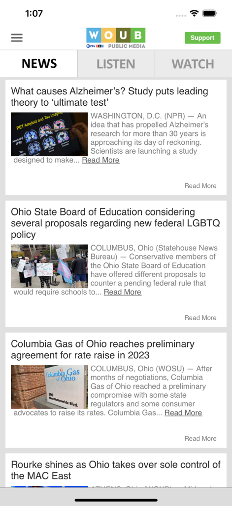 WOUB Public Media App - Mobile screen showing the news section of the WOUB Public Media App with several local and national headlines