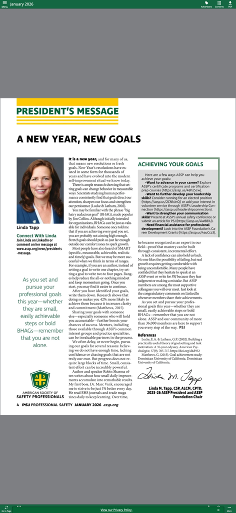 Presidents Message article in the ASSP Professional Safety mobile journal app