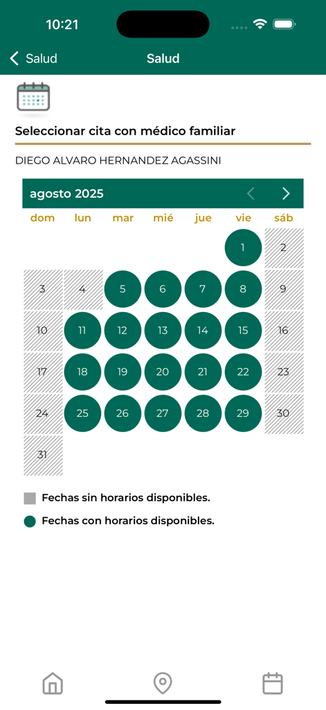 Tela de calendário para agendar uma consulta médica no aplicativo IMSS Digital