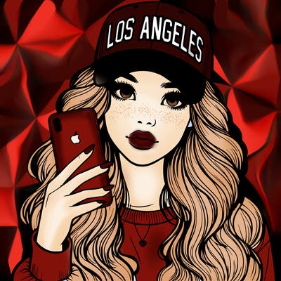 realistic beautiful girl wearing los ángeles cap holding an iphone