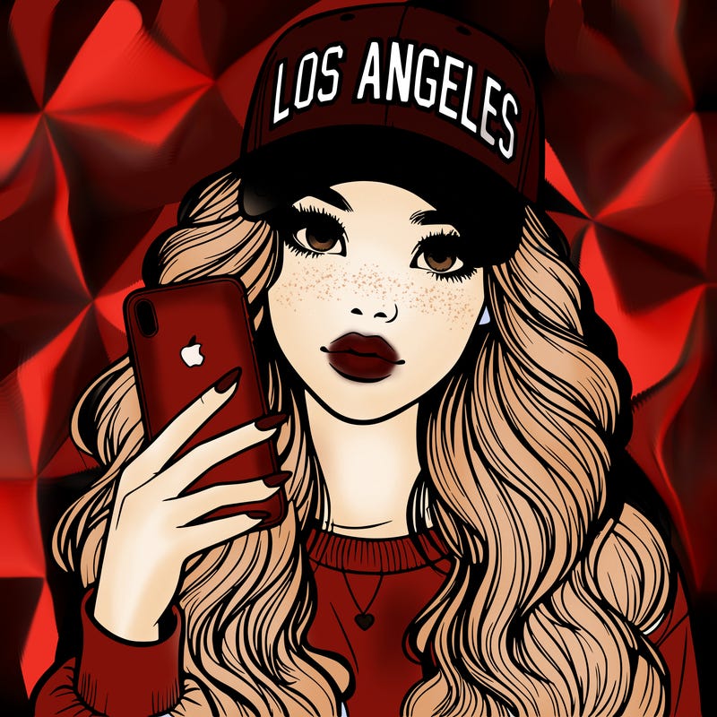 realistic beautiful girl wearing los ángeles cap holding an iphone