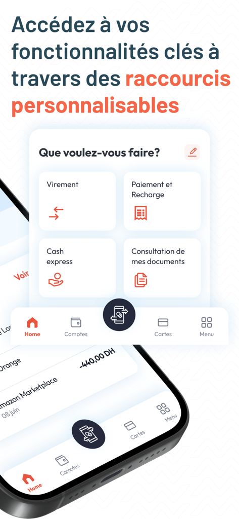 Attijari Mobile - Interface de l'application mobile Attijari affichant des raccourcis bancaires personnalisables