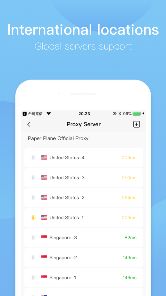 Paper Plane VPN app screen showing a list of international proxy server locations with latency speeds.