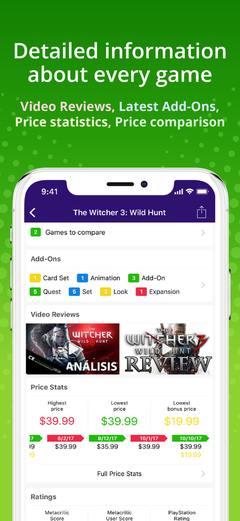 XB Deals app interface showing game price statistics video reviews and add-ons for an Xbox game