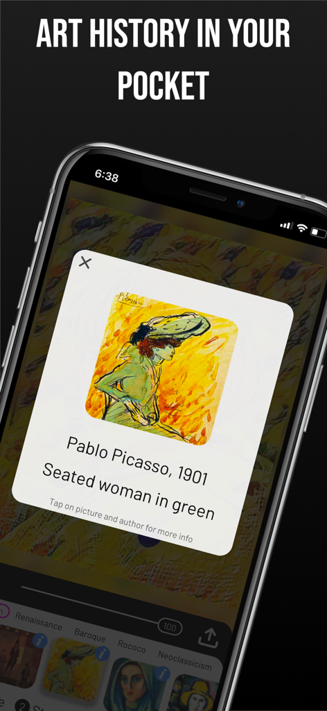 Paintation: Famous Art Filters - Una pantalla móvil que muestra una ventana emergente de información de una pintura de Pablo Picasso dentro de la aplicación de filtros de arte Paintation.