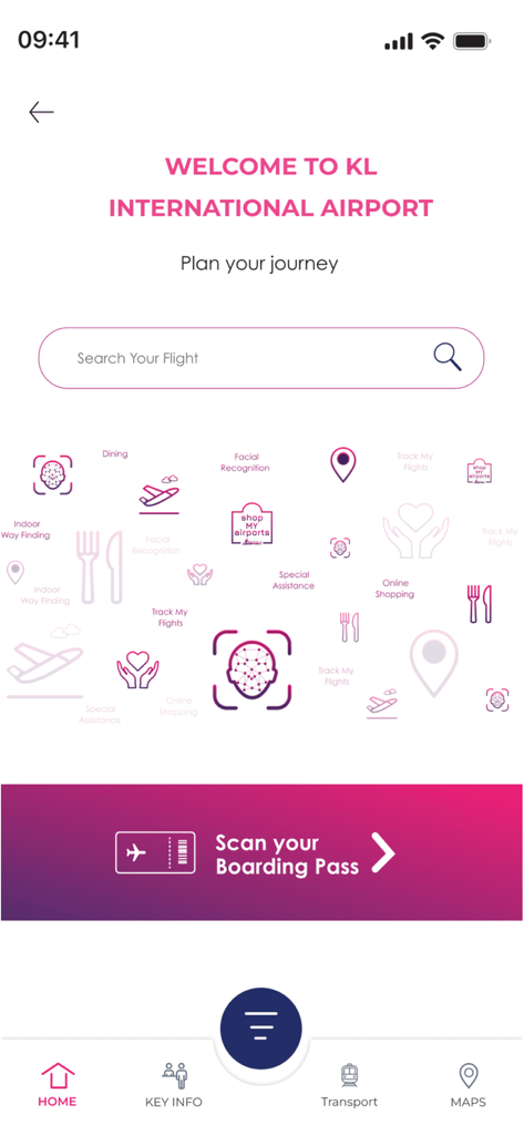 MYairports - 항공편 검색 및 탑승권 스캔 기능이 있는 KL 국제공항용 MYairports 앱 홈 화면.