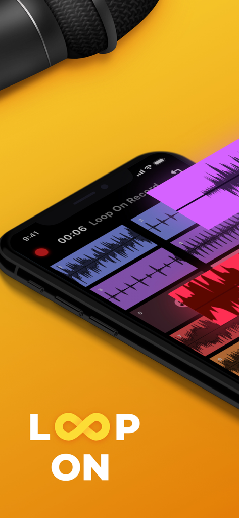 Loop ON-Looper & Jam Recorder - Smartphone mostrando la aplicación Loop ON con una interfaz de grabación de música multipista y formas de onda de audio