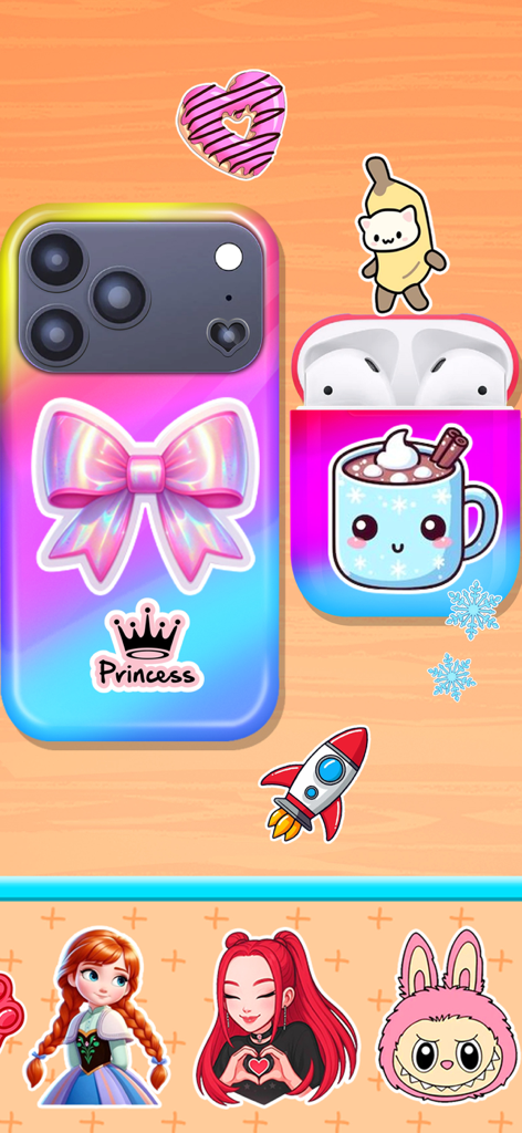 Phone Case DIY - Art Designer - Customized smartphone and earbud cases decorated with colorful stickers and a shiny bow.