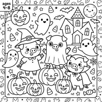 Join these three charming little pigs as they celebrate Halloween in style, dressed as a witch, a ghost, and a vampire. This delightful coloring page is designed especially for kids aged 4-8, filled with friendly spooks and sweet treats.