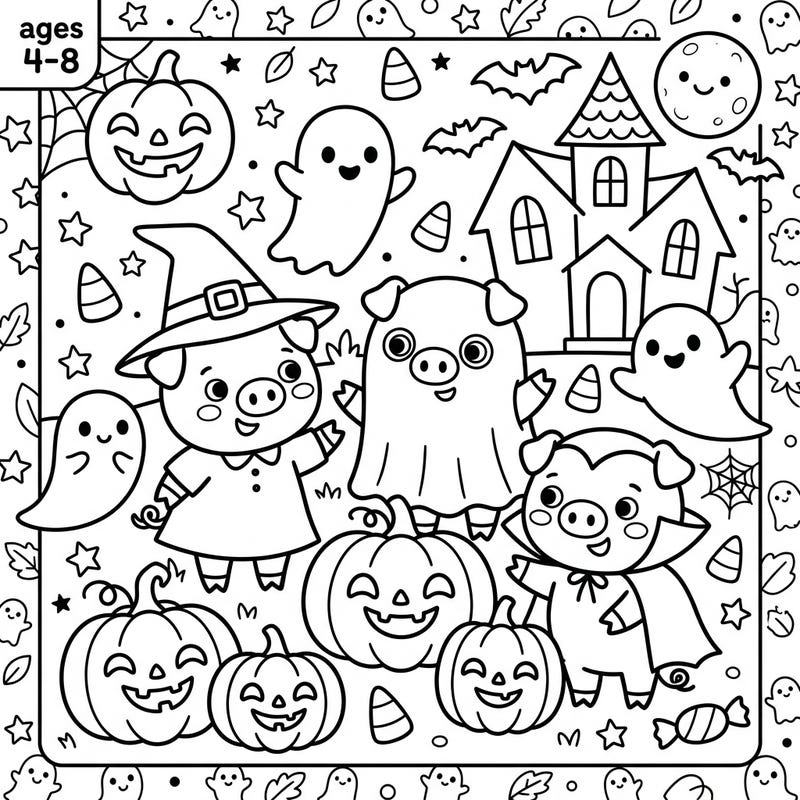Join these three charming little pigs as they celebrate Halloween in style, dressed as a witch, a ghost, and a vampire. This delightful coloring page is designed especially for kids aged 4-8, filled with friendly spooks and sweet treats.