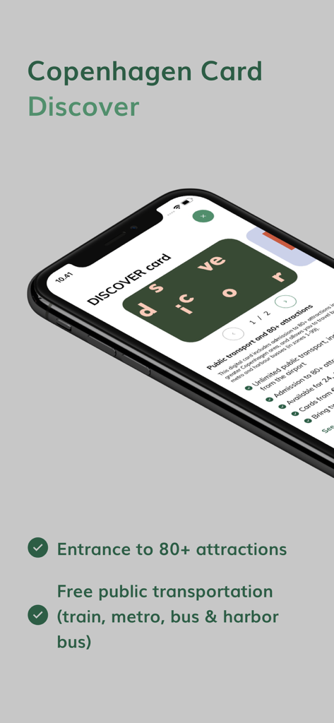Copenhagen Card City Guide - Schermata dell'app Copenhagen Card Discover che mostra l'ingresso a oltre 80 attrazioni e dettagli sul trasporto pubblico gratuito