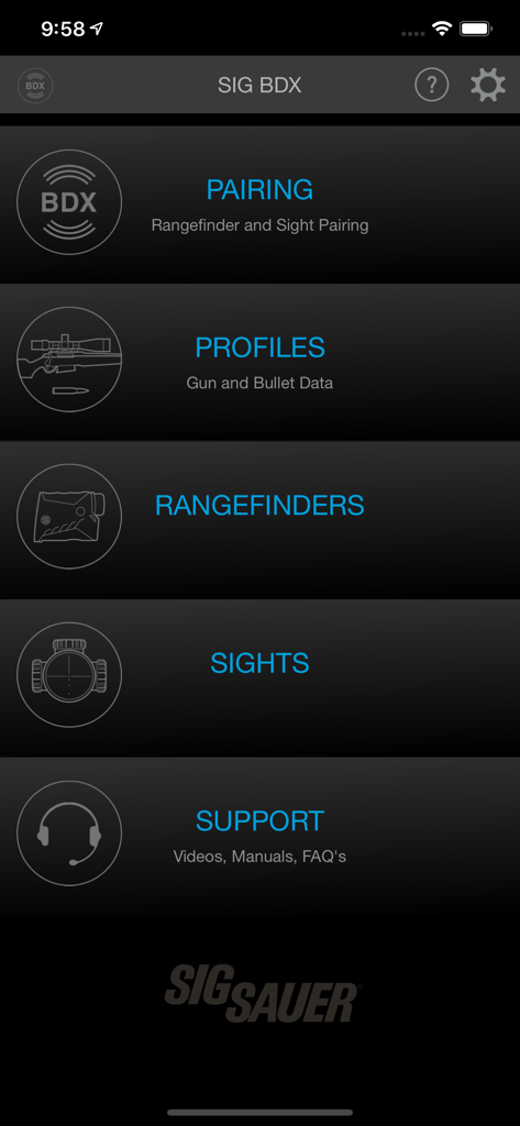 SIG BDX app main menu displaying options for hardware pairing ballistic profiles rangefinders and sights