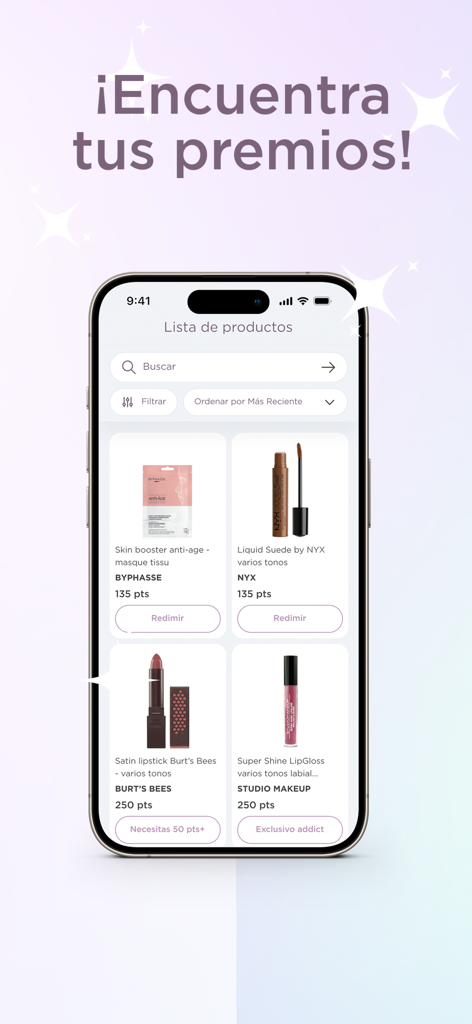 GetBeautyFull App - Una pantalla móvil de la aplicación GetBeautyFull que muestra un catálogo de productos de belleza canjeables por puntos