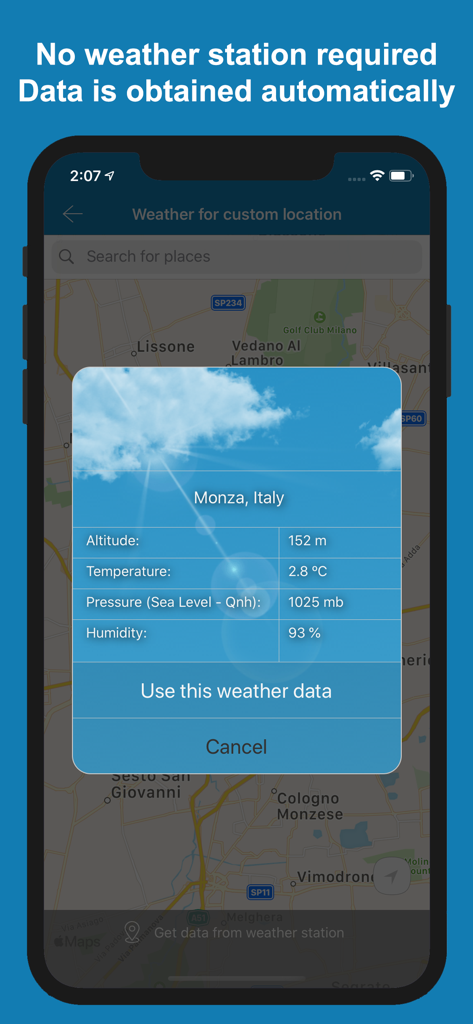Jetting Sherco 2T Moto Bikes - Interfaz de la aplicación Jetting Sherco que muestra la recuperación automática de datos meteorológicos para altitud, temperatura, presión y humedad en un mapa
