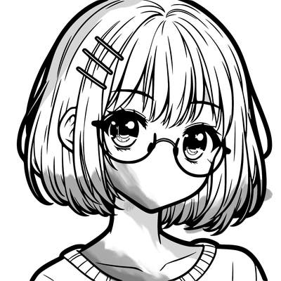 manga girl with bangs and short hair and with glasses