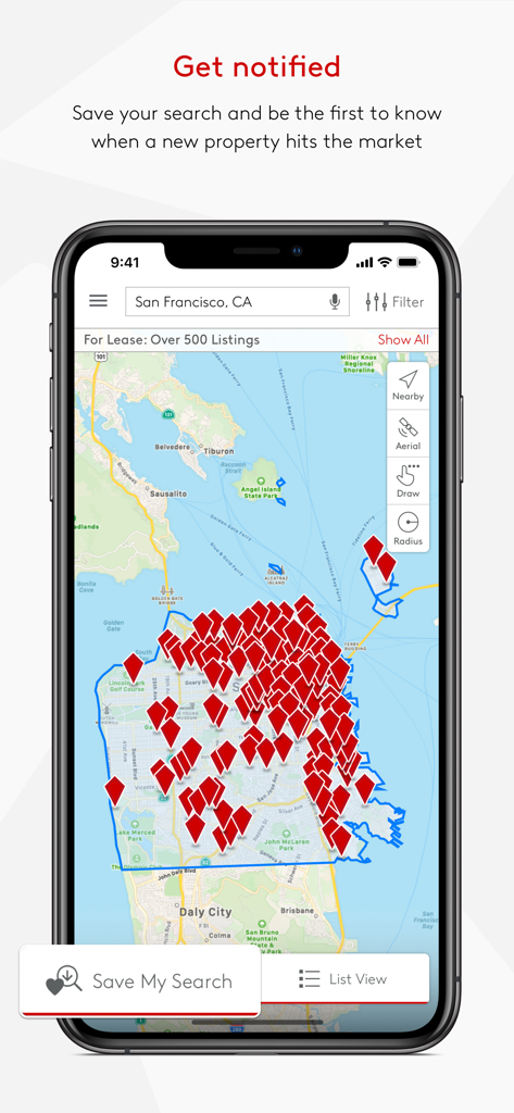 LoopNet Real Estate - Interface cartographique de l'application LoopNet affichant les annonces immobilières commerciales à San Francisco avec une fonction d'alerte « Recevoir une notification ».