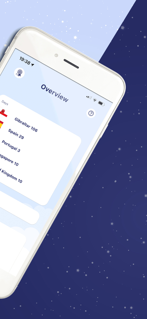 Ovrnite, The Tax Residency App - Overview screen of Ovrnite app displaying tracked days in various international jurisdictions.