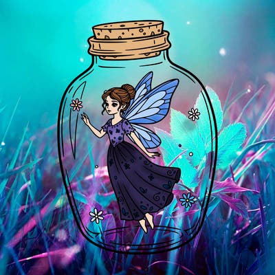 fairy wearing a dress in a jar