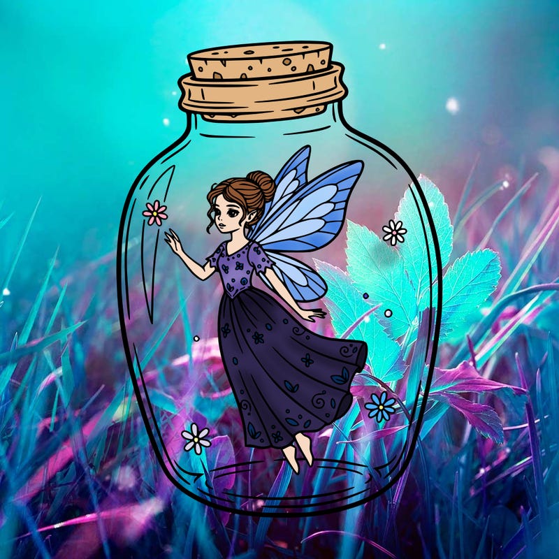 fairy wearing a dress in a jar