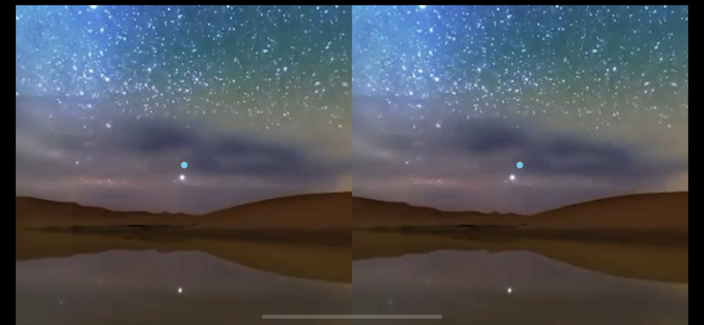 Side by side virtual reality view of a starry night sky over a desert landscape