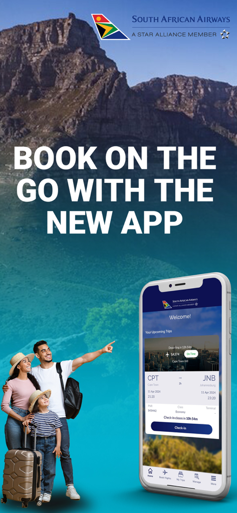 South African Airways - South African Airways app displaying flight itinerary and check-in options with a family and Table Mountain background.