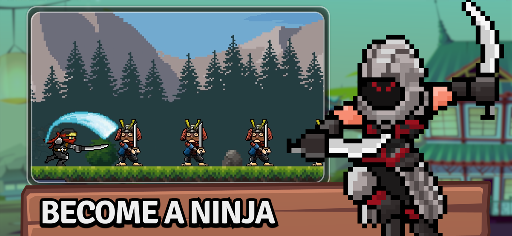 Tap Ninja - Idle Game - Pixel art ninja slashing samurai enemies in a forest setting with the text Become a Ninja
