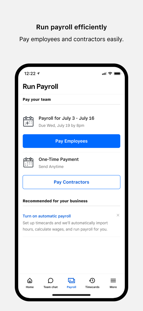 Square Team app mobile interface showing the payroll screen with options to pay employees and contractors.