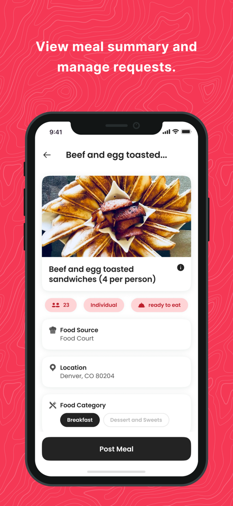 The HungreeApp - Die mobile Oberfläche von The HungreeApp zeigt eine Zusammenfassung des Frühstücks für Rindfleisch- und Ei-Sandwiches in Denver