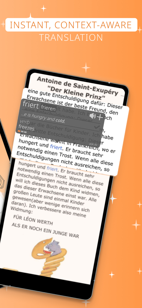 AnyLang app interface showing instant context aware translation of a German word while reading a digital book.