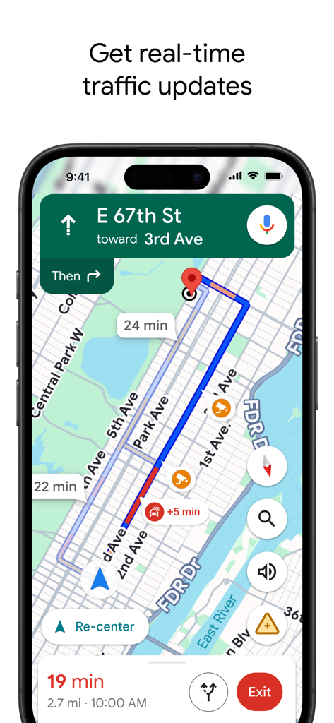 Google Maps App-Oberfläche zeigt Echtzeit-Verkehrswarnungen und Navigationsroute auf einem mobilen Bildschirm