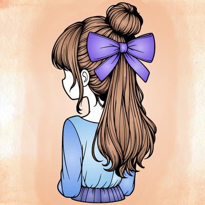 realistic girl  with hip length hair a bun and a big bow on the back of head