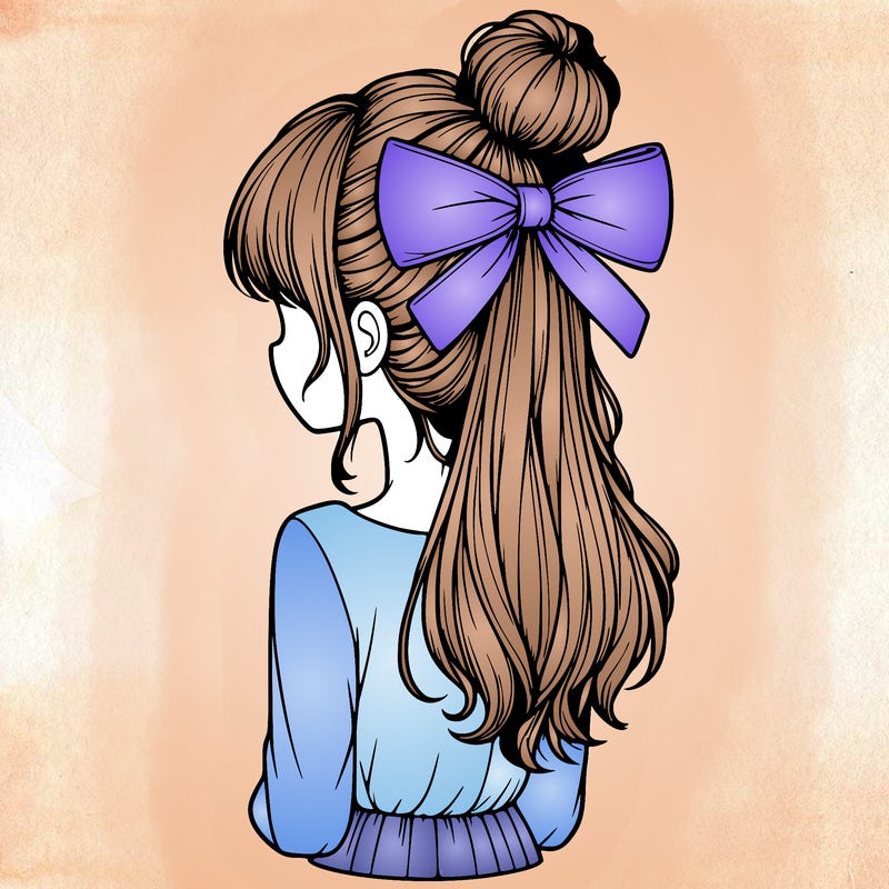 realistic girl  with hip length hair a bun and a big bow on the back of head
