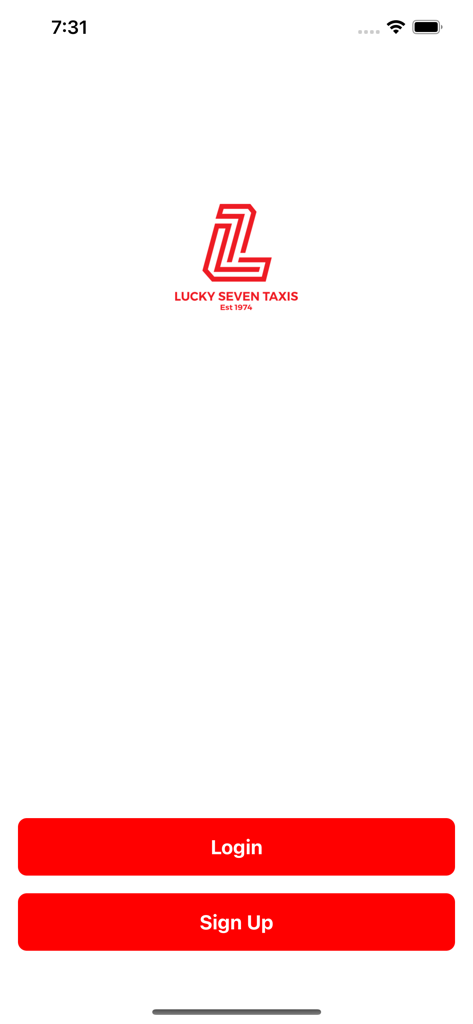 Lucky Seven Taxis app welcome screen with logo and login and sign up buttons