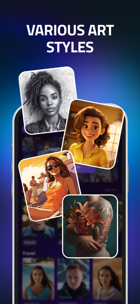 IMGIT - AI Images & Headshots - Pantalla de la aplicación móvil que muestra diversos estilos de arte generados por IA, incluyendo bocetos, animación 3D e ilustraciones de cómics