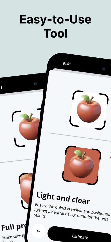 Interfaccia dell'app AI Scale che mostra una stima visiva del peso di una mela con istruzioni chiare e luminose.