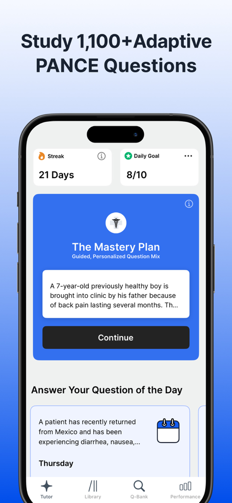 PANCE PANRE Mastery Test 2026 - PANCE PANRE Mastery app interface showing daily study goals and practice exam questions