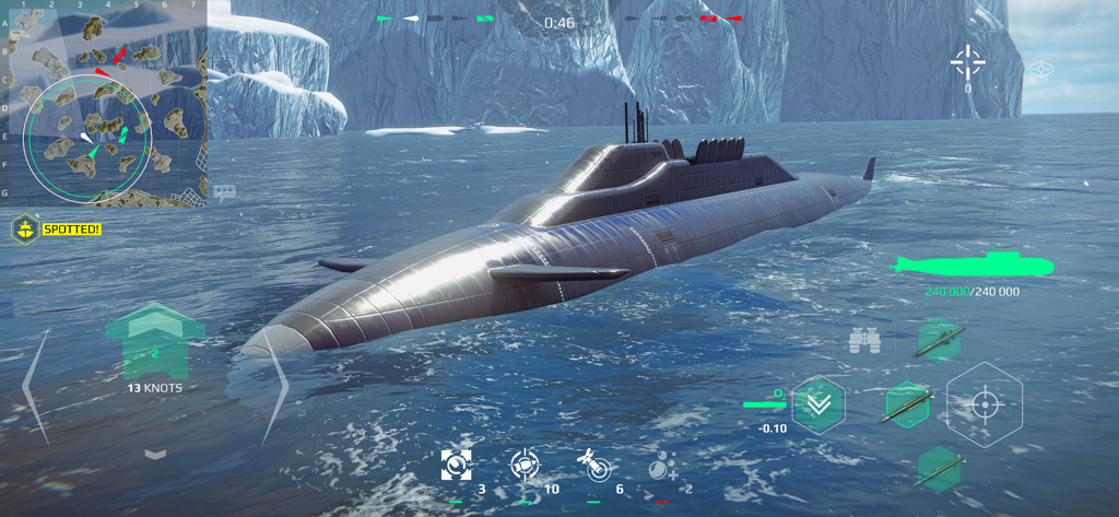 Modern Warships: Naval Battles - A modern submarine navigating through icy Arctic waters in Modern Warships Naval Battles