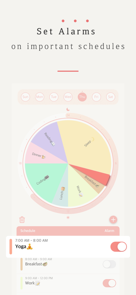 Un horario circular colorido de 24 horas y una interfaz de configuración de alarmas para tareas diarias en la aplicación DayDay.