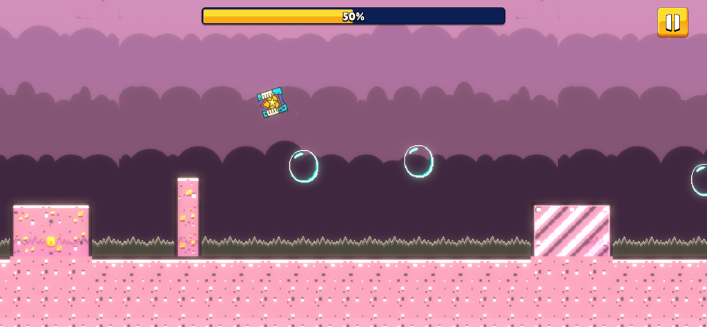 Personnage héros sautant par-dessus des obstacles dans un monde géométrique rose pendant le jeu