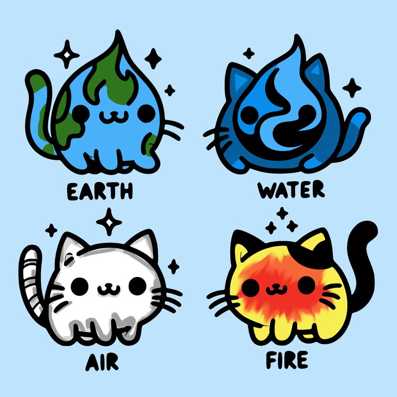 4 cats that represent the different elements, earth, water, air, and fire
