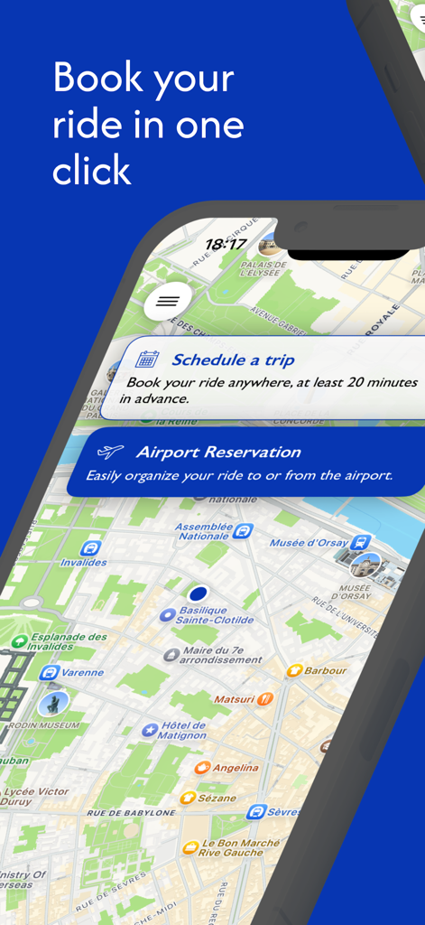 Monite app interface showing ride booking and airport reservation options on a Paris map
