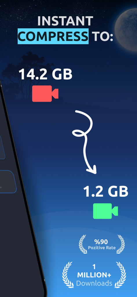 Video Compressor: 4K Compress - Capture d'écran de l'application montrant une réduction massive de la taille d'un fichier vidéo de 14,2 Go à 1,2 Go avec plus d'un million de téléchargements et des notes positives élevées.